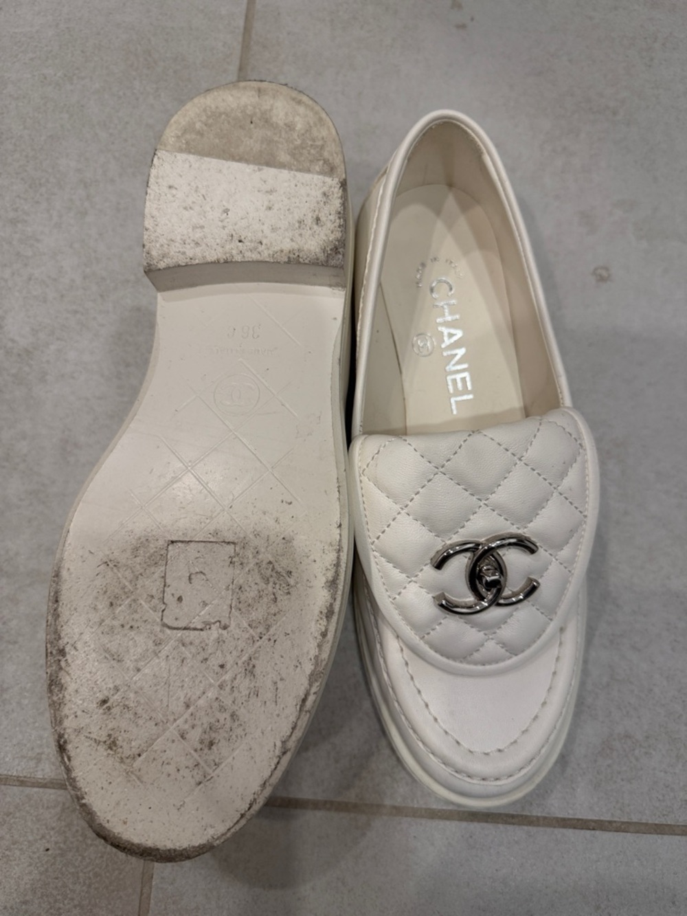 CHANEL Ivory Quilted Leather Loafers with Silver CC Emblem - Picture 2 of 3